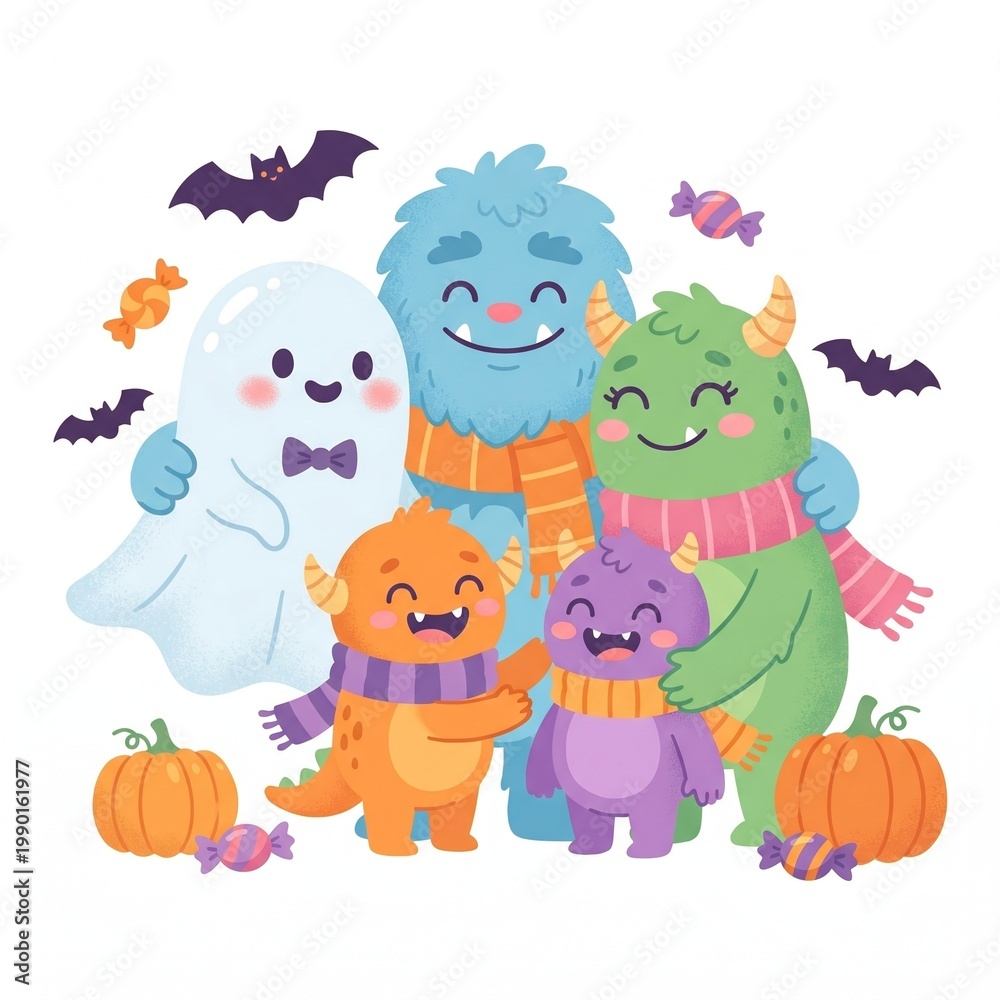 Naklejka premium Charming flat design vector illustration featuring a friendly ghost and monster family embracing, ideal for Halloween-themed marketing, children's books, apps, and playful branding projects. Isolated 