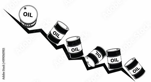 Oil barrels line art with diagonal oil drum icon and bold labels for energy industry concept design featuring petroleum, fuel, lubricant with