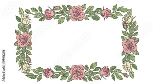 A charming hand-drawn floral frame with pink and white roses, ideal for crafting beautiful Mother's Day greetings, invitations, and elegant event announcements