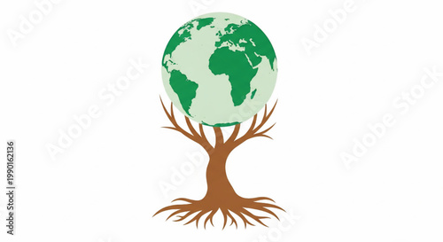 Globe planet with green continents above a brown tree with roots, sustainability and world environment icon concept