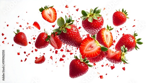 A vibrant image of strawberries and pieces floating in mid-air