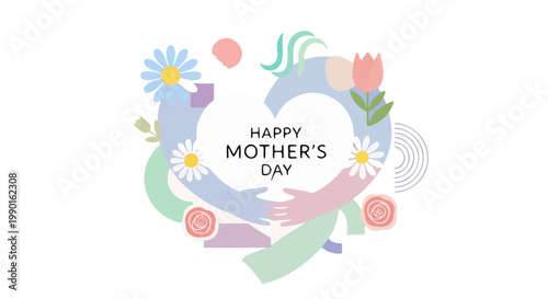 Heartfelt Mother's Day illustration featuring hands forming a central heart, surrounded by flowers and abstract shapes, symbolizing love and appreciation