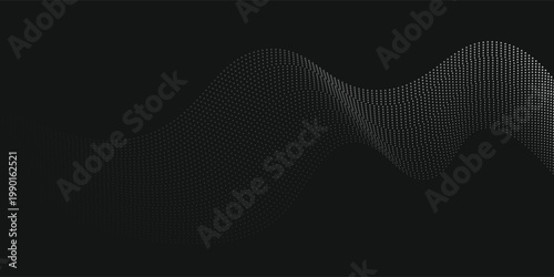 Abstract background vector illustration over black, dots in motion by curve lines, particles flow wave isolated, monochrome black and white illustration.