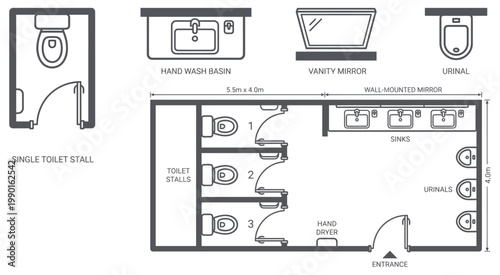 Restroom layout and fixtures plan including toilets, sinks, and partition arrangement.