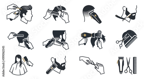 Hair styling and grooming tools icons including scissors, combs, and hairdryer.