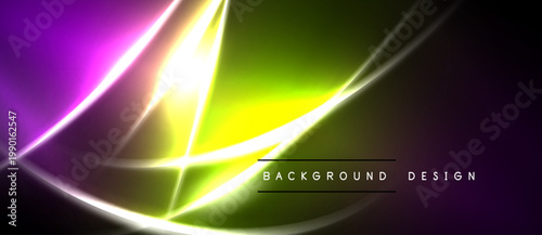 Abstract neon lights create vibrant gradient effect. Dark background emphasizes bright, dynamic lines, curves. Modern design element.