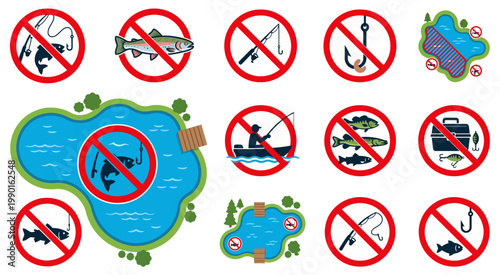 Lake area with no swimming and restricted activity icons surrounding water zones.