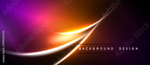 Abstract background features vibrant orange, purple hues. Smooth curves create dynamic light effect. Dark space surrounds bright central design.