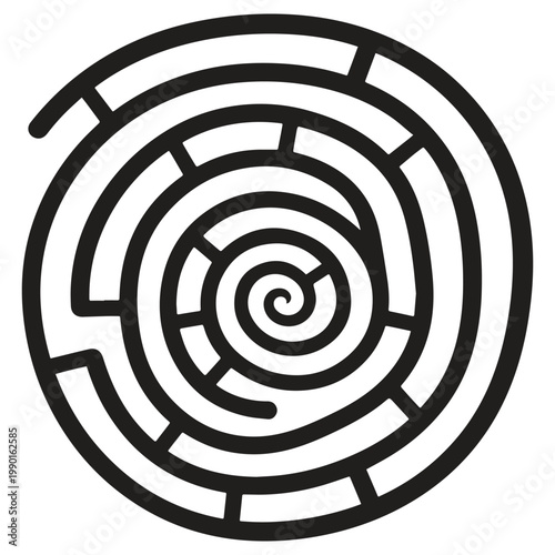 Black and white spiral labyrinth maze design, representing puzzles, complexity, and finding a path.