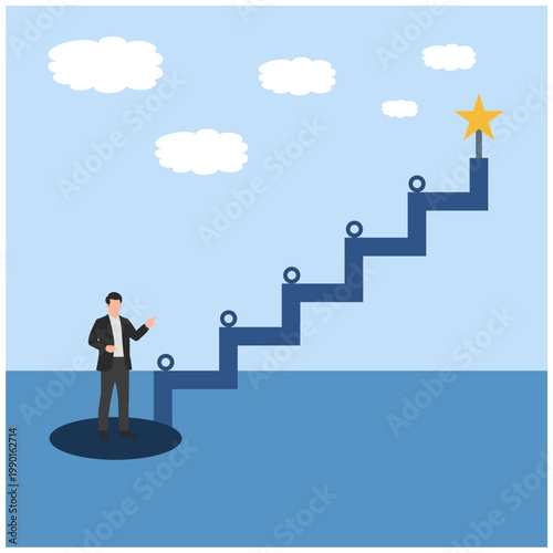 Businessman Pointing to Staircase Success with Milestones and Star Goal