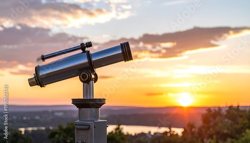 A telescope on a stand overlooking a body of water at sunset