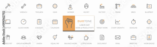 Labor Day and work productivity icon set in duotone minimalist line. Modern flat vector icons with editable stroke, featuring tools, industry, May Day, office workflow, teamwork, business. UI design