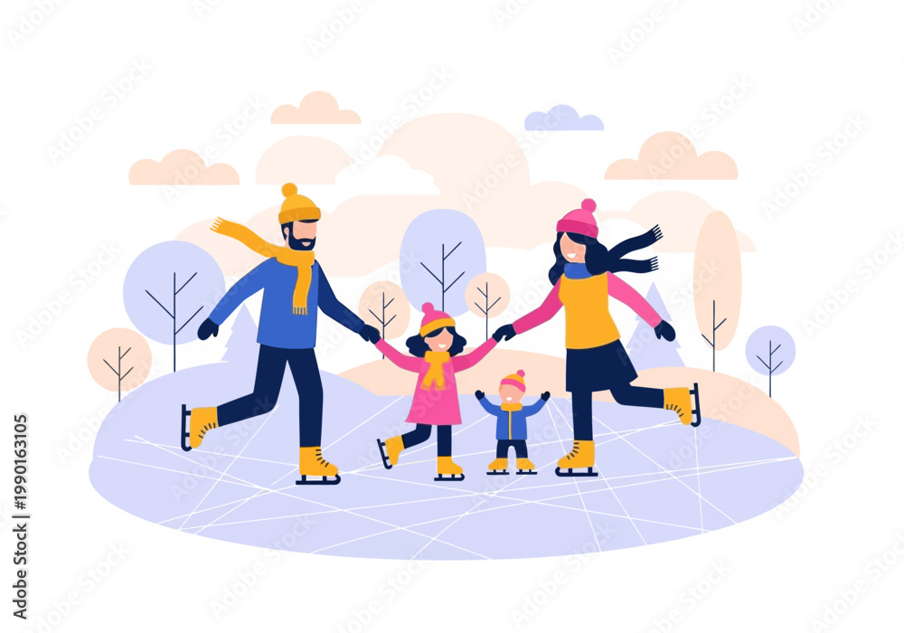 Fototapeta premium Happy Family Ice Skating on Frozen Pond in Winter Landscape, Flat Vector Illustration of Parents and Children Having Fun Outdoors