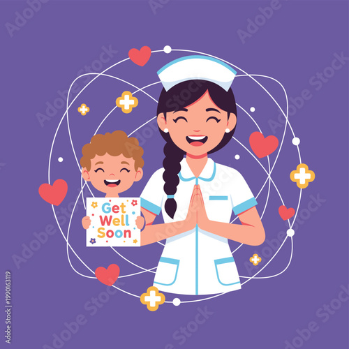 Nurse and boy with Get Well Soon card vector