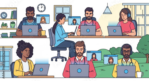 Diverse group of people collaborating remotely on laptops.