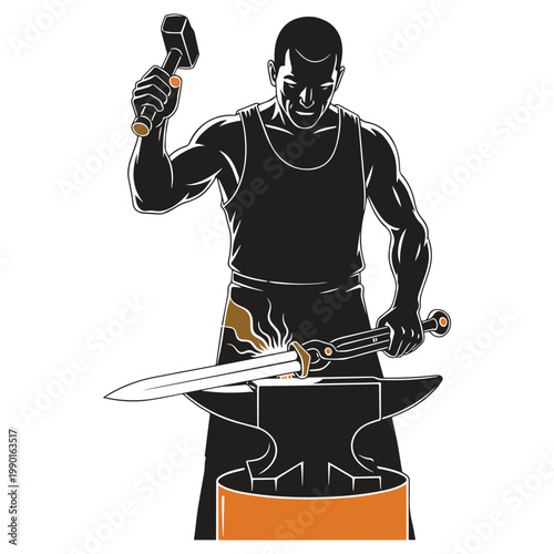 Silhouette of a blacksmith hammering hot metal on an anvil, representing craftsmanship and labor in a vector illustration.