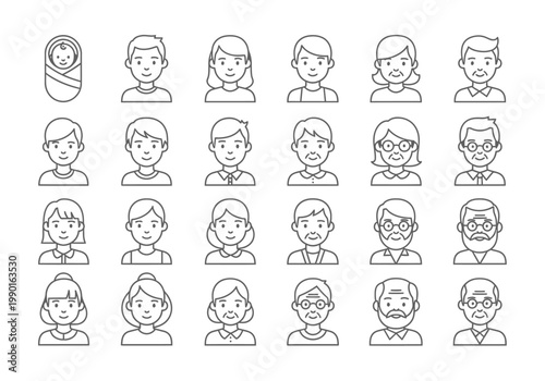Set of diverse people avatars representing different ages and generations from baby to elderly. Minimalist line art icons for family, aging, and lifecycle concepts.