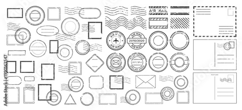 Retro postmarks, stamps, envelopes and airmail signs, postcard outlines. Vintage postal theme, post office badges textured grunge ink. Collection for postal and shipping design. Vector template pack