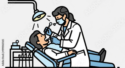Dentist examining patient with dental tools and light.