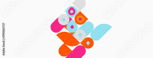 Abstract colorful shapes overlap, creating dynamic composition. Bright hues dominate white background. Modern design elements present.