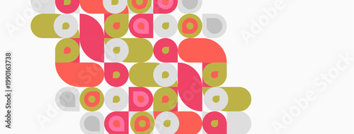 Abstract composition featuring overlapping circles, rectangles. Colors include muted pink, olive, gray. Minimalist design, geometric shapes dominate canvas.