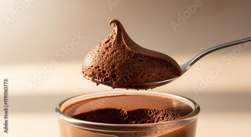 chocolate mousse on a spoon over a glass bowl