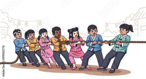 Diverse Children Playing Tug of War in Traditional Outfits