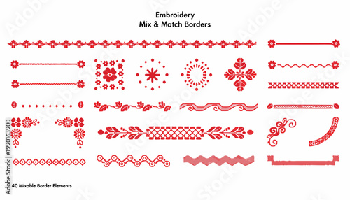 Red embroidery mix and match borders vector set for diy craft projects and design