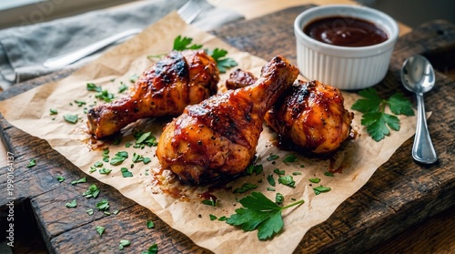 A delicious serving of grilled chicken drumsticks with herbs and barbecue sauce on a wooden board
