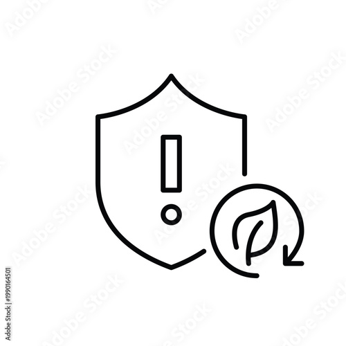 Shield, exclamation mark, leaf and renew arrow. Eco protection warning, green alert. Pixel perfect, editable stroke vector icon