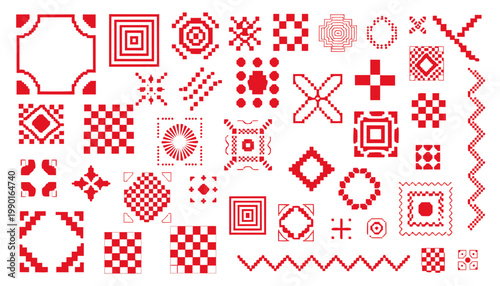Red cross stitch embroidery vector pack with geometric patterns and motifs