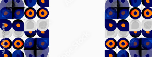 Geometric pattern features repeating squares, circles. Colors include blue, orange, purple, white. Design appears modern, symmetrical.