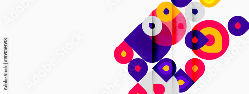 Abstract colorful circles, overlapping shapes create dynamic composition. Bright hues contrast against white background. Modern design elements.