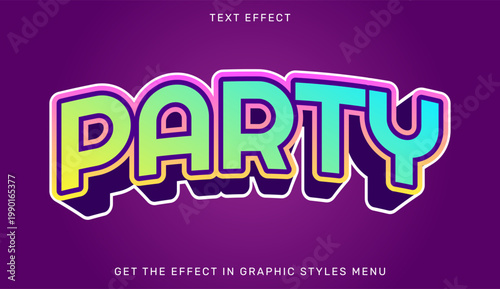 A vibrant party text effect on a purple background with colorful letters