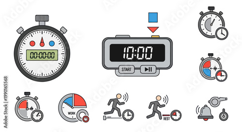 Stopwatch Icons Set - Time Management, Sports, Measurement, Countdown, Digital & Analog