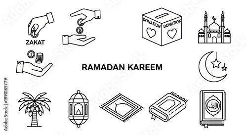 Ramadan Kareem Icons: Zakat, Donation, Mosque, Quran, Prayer Mat, Lantern, Palm Tree