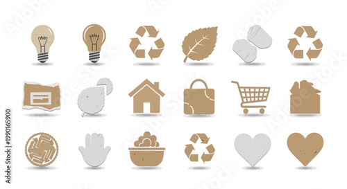 Eco Friendly Icons Set: Recycling, Light Bulb, Leaf, Shopping Cart, Heart, House, Hand