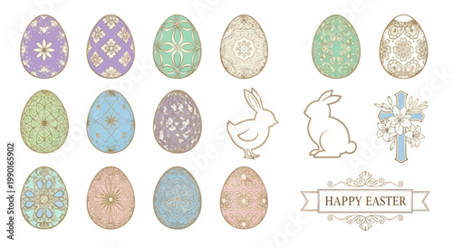 Easter Eggs, Bunny, Cross and Happy Easter Banner - Festive Spring Holiday Elements