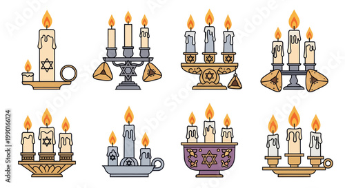 Hanukkah Menorahs Collection: Eight Diverse Designs with Burning Candles and Dreidels