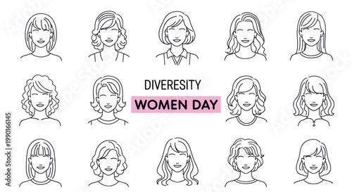 Diverse Women Faces Line Art Icons - International Women's Day