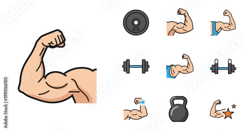 Fitness Icons: Flexing Biceps, Dumbbells, Kettlebell, Weight Plate, Muscle Gain