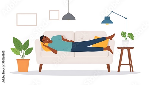 A man lies on a couch beside a plant and lamp