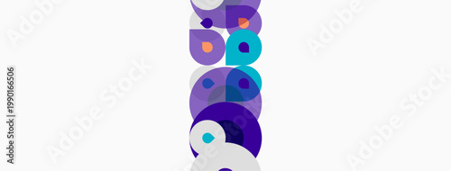 Abstract circles stacked vertically forming letter i. Purple, turquoise hues dominate white background. Modern design element.