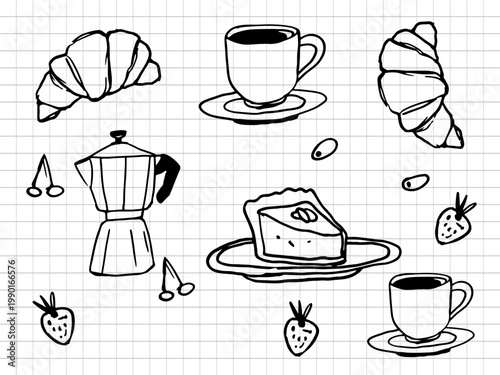 Hand Drawn Coffee and Bakery Doodle Set with Croissant Cake and Moka Pot on Grid Background