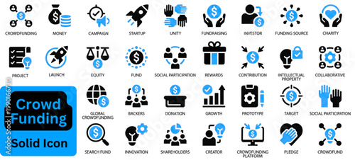 Crowd Funding solid icon set. Crowd Funding icon set. Crowd Funding Icon collection contains Donation, Funding, Investor, Revenue, Capital, Savings, cash icon. 
