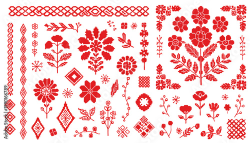 Vibrant red folk embroidery vector collection with bold floral patterns and geometric designs on white background