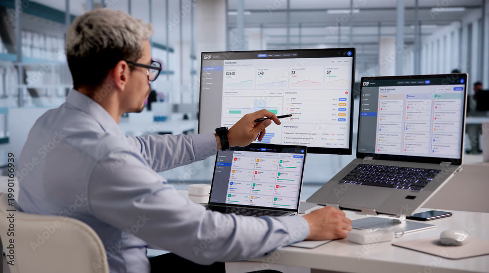 Obraz premium ERP Expert Evaluates Cloud-Based Integrated Management Software On Laptop