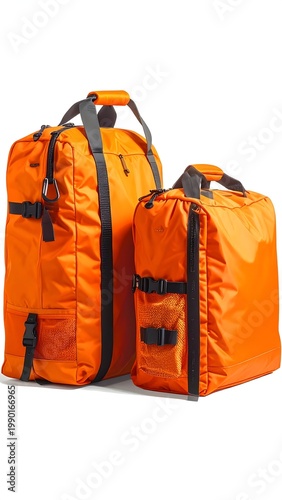Two orange bags with black buckles and straps on white