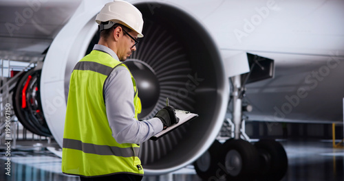 Fotografie Technician Wearing Safety Helmet Thoroughly Examines Jet Engine