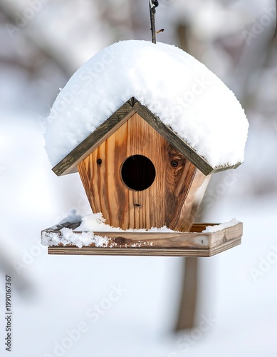 Snowy wooden birdhouse with a small bird